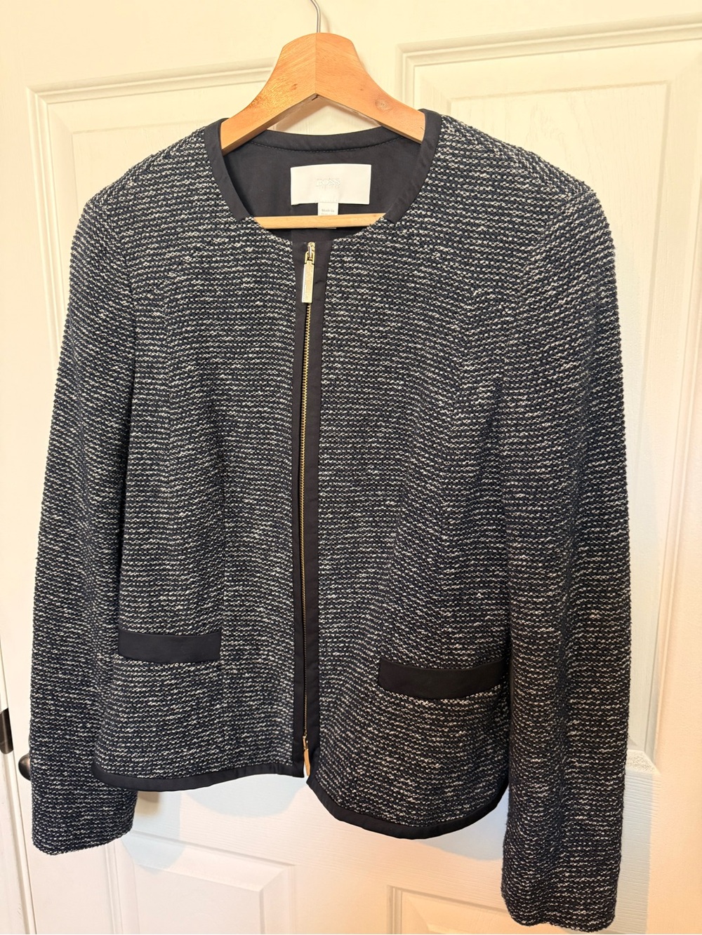 Hugo Boss Navy & White Textured Zip-Front Tweed Jacket